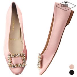 [KUHEE] 2color/1cm Square Jewelry Flat (6003) _ Pumps Women's Flat Shoes, Wedding, Party Handmade, Satin, Jewelry _ Made in Korea